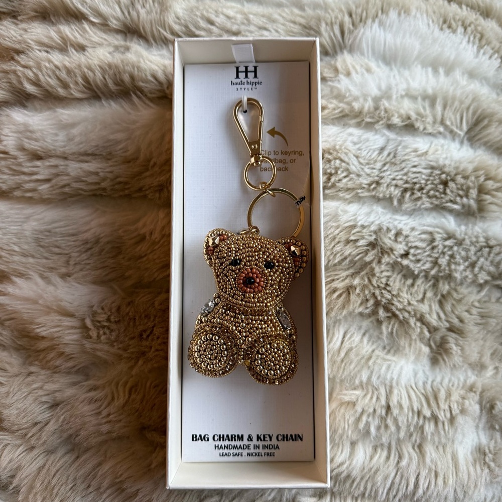 Haute Hippie Gold Teddy Beaded Bear Bag Charm Key Chain